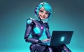 Smart Teen Robot Cheery AI in Casual Outfit with Laptop