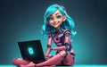 Smart Teen Robot Cheery AI in Casual Outfit with Laptop