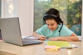 Smart teenage schoolboy making notes while talking with remote web teacher on social distance video conference call.