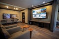 smart television with large screen and streaming capabilities, surround sound system, and gaming station