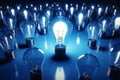 Smart thinking illustrated with a glowing lamp among blue lightbulbs