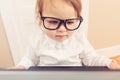 Smart toddler girl wearing big glasses using her laptop Royalty Free Stock Photo