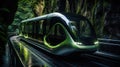 Smart tram passing through a cave in a forest
