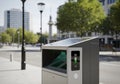 Smart trash bin with a solar panel on top, featuring a sensor display Royalty Free Stock Photo