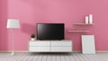 Mock up Smart Tv with blank black screen hanging on the cabinet, modern pink living room. 3d rendering