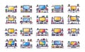 Smart TV color linear vector set. Modern plasma panels desk, interactive interaction gadgets shelves speakers game