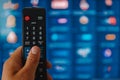 Smart tv and hand pressing remote control.Hand holding TV remote control with a television in the background. Close up Royalty Free Stock Photo