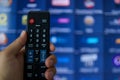 Smart tv and hand pressing remote control.Hand holding TV remote control with a television in the background. Close up Royalty Free Stock Photo