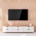 Smart Tv Mockup hanging on the wooden wall, living room