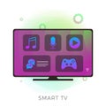 Smart TV modern flat vector icon concept. 4K LED TV with color app buttons on display - music, cinema, social network and games Royalty Free Stock Photo