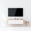 Smart Tv Set Mockup with black screen hanging on the wall in modern interior