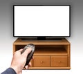 Smart tv UHD 4K controled by remote control. Royalty Free Stock Photo