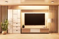 Mock up Smart Tv on wall and cabinet wooden japanese style design in room minimal.3D rednering