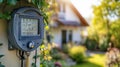smart utility meter installed outside a home, surrounded by greenery, measuring energy consumption in a residential setting on a