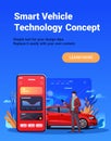 Smart vehicle technology concept mobile app interface man controls red car with smartphone digital dashboard blue Royalty Free Stock Photo
