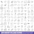 100 smart village icons set, outline style