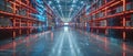 Smart warehouse logistic, Futuristic warehouse featuring shimmering holographic projections of product data, empty high-tech