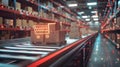 Smart warehouse logistic, Visual of organized boxes traveling along a conveyor belt in a well-lit warehouse, featuring a Royalty Free Stock Photo