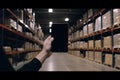 Smart warehouse management system. Worker hands holding tablet. Neural network AI generated Royalty Free Stock Photo
