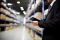 Smart warehouse management system. Worker hands holding tablet. Neural network AI generated Royalty Free Stock Photo
