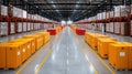 Smart warehouse with yellow and red AI-powered robots handling logistics and automated sorting tasks.