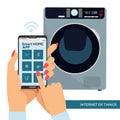Smart washing machine with remote control. Smart home laundry concept. Woman Hands with cellphone,finger touching screen Royalty Free Stock Photo