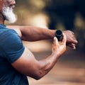 Smart watch, black man and exercise for fitness with mockup screen to check time performance. Hands of sports person