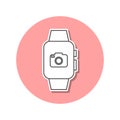 Smart watch with camera sticker icon. Simple thin line, outline vector of web icons for ui and ux, website or mobile application