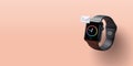 Smart watch 3d render illustration with analog clock face and message notification envelope hanging above