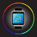 Smart Watch device display with app icons. Isolated on dark background. Royalty Free Stock Photo