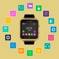 Smart Watch device display with app icons. Isolated on gold background. Royalty Free Stock Photo