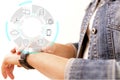 Smart watch device display with app icons. Smart watch technology Royalty Free Stock Photo