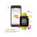 Smart watch device display with app icons and smartphone. Smart watch technology Royalty Free Stock Photo