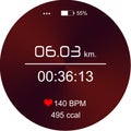 Smart watch displaying time interval, distance, heart rate and burnt calories amount in monitor app