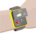 Smart watch displays application illustrations weather, heart rate and miss call