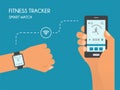 Smart Watch with Fitness application for health. Synchronization of devices. Health test Illustration in flat style Royalty Free Stock Photo