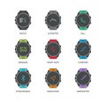 Smart watch functions thin line icons set