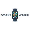 Smart watch isolated on white. Logo. Stainless silver . Vector with app. reflected surface. icon screen. face eps