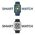 Smart watch isolated on white. Logo. Stainless silver . Vector with app. reflected surface. icon screen. face eps