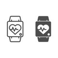 Smart watch line and solid icon. Fitness tracker with heart beat monitor symbol, outline style pictogram on white Royalty Free Stock Photo