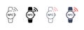 Smart Watch with NFC Technology Line and Silhouette Icon Set. Smartwatch Bracelet Pictogram. Watch for Contactless