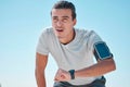 Smart watch, outdoor fitness and man tired from exercise workout, training and run. Stopwatch time, sports person and Royalty Free Stock Photo