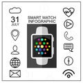 Smart Watch with Outline App Icons Set. Modern Design Concept. Vector Illustration. Flat Style. Royalty Free Stock Photo