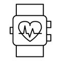 Smart watch thin line icon. Wrist pulse indicator vector illustration isolated on white. Wrist watch with heart sign