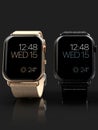 2 smart watches - Apple Watch 4, gold and black, on dark Royalty Free Stock Photo