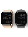 2 smart watches - Apple Watch 4, gold and black, on white