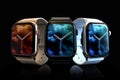 3 smart watches - Apple Watch 4, silver, gold and black, on black Royalty Free Stock Photo