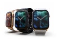 3 smart watches - Apple Watch 4, silver, gold and black, on white