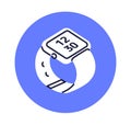 Smart watches, round icon. Digital smartwatch in circle. Clock, wristwatch with band, time on display. Electronic gadget