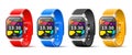 Smart watches straps. Realistic multifunctional bracelets angle view, different colors, athlete digital wristbands